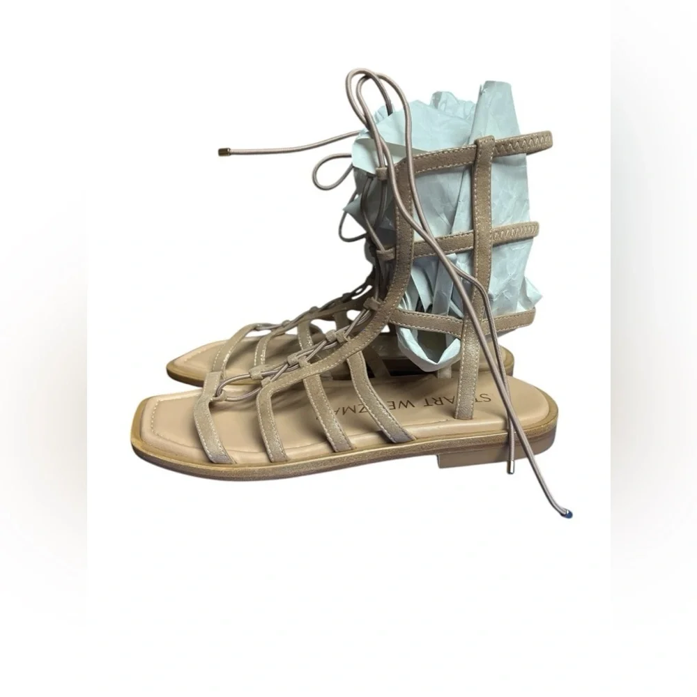 NIB Stuart Weitzman Kora Lace Up Gladiator Shimmer Suede Taupe Sandals 4.5